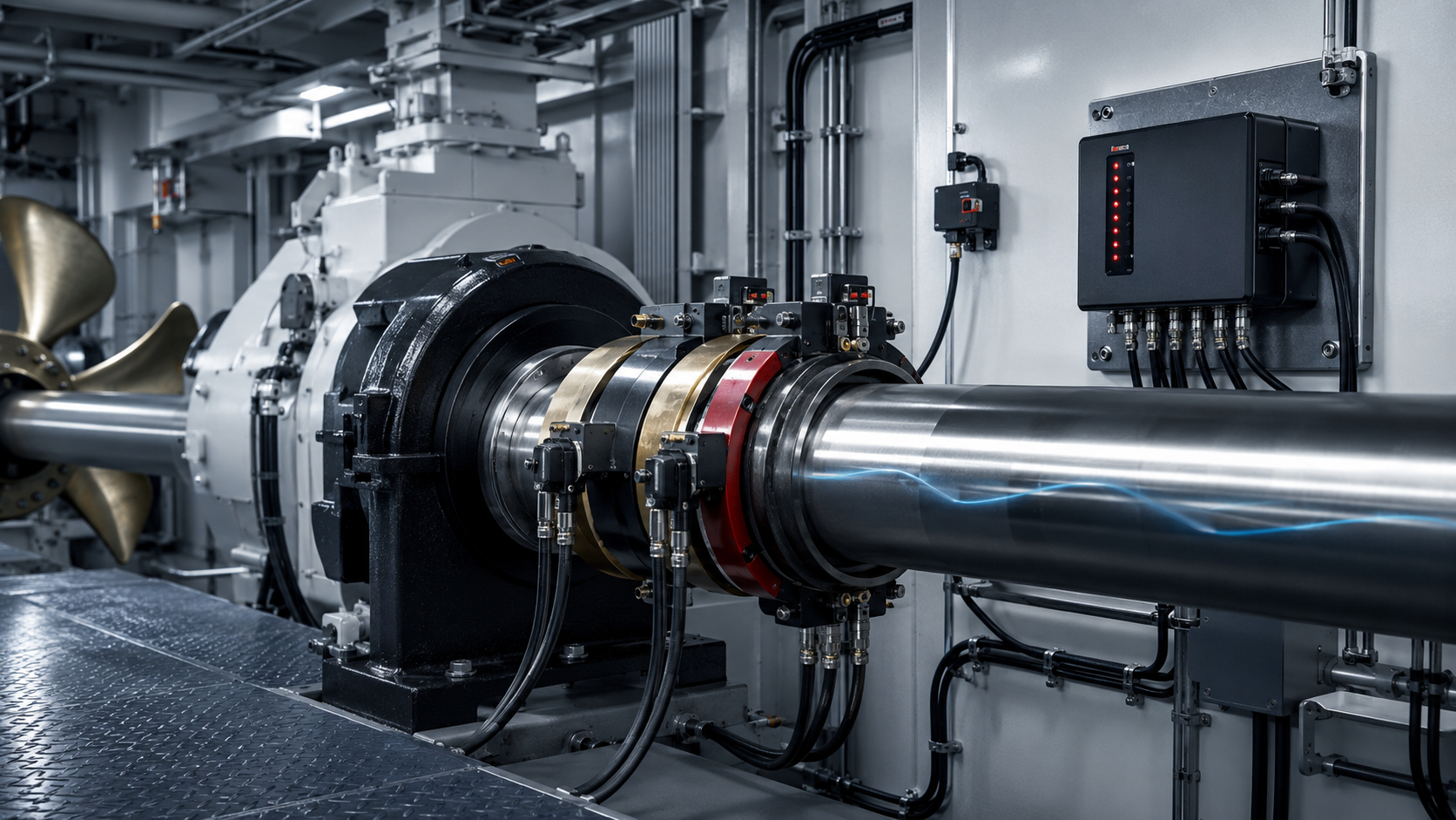 Active shaft grounding rings and control cabinet on a propeller shaft line
