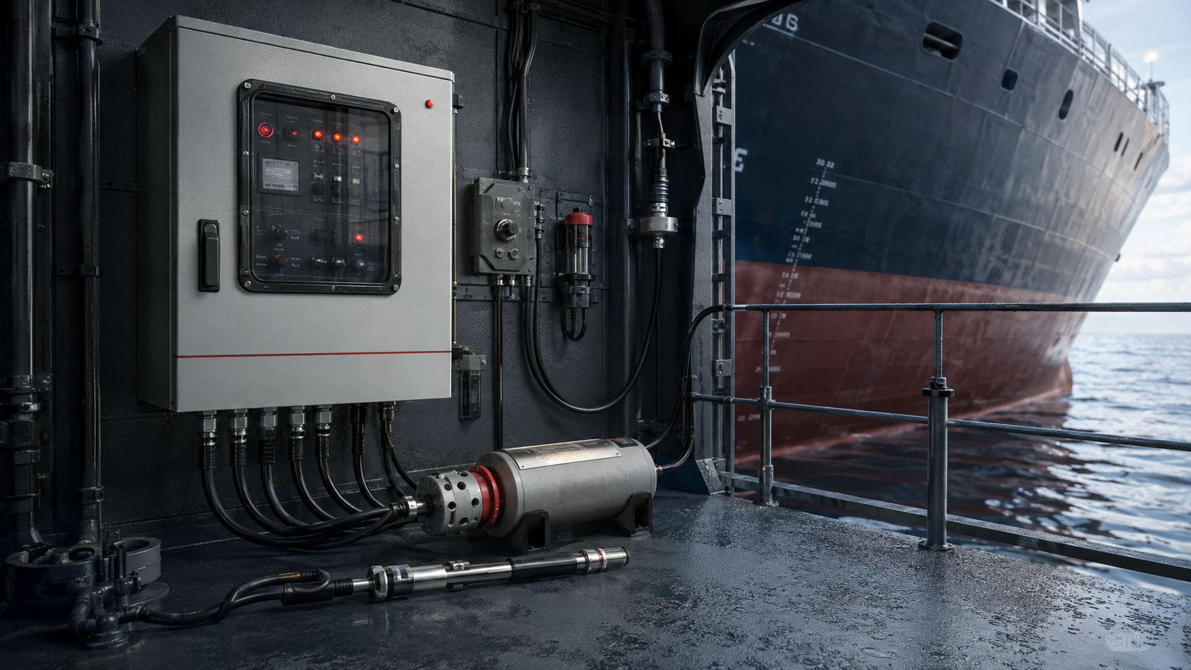 ICCP control panel, reference electrode and hull anode installed on a commercial vessel