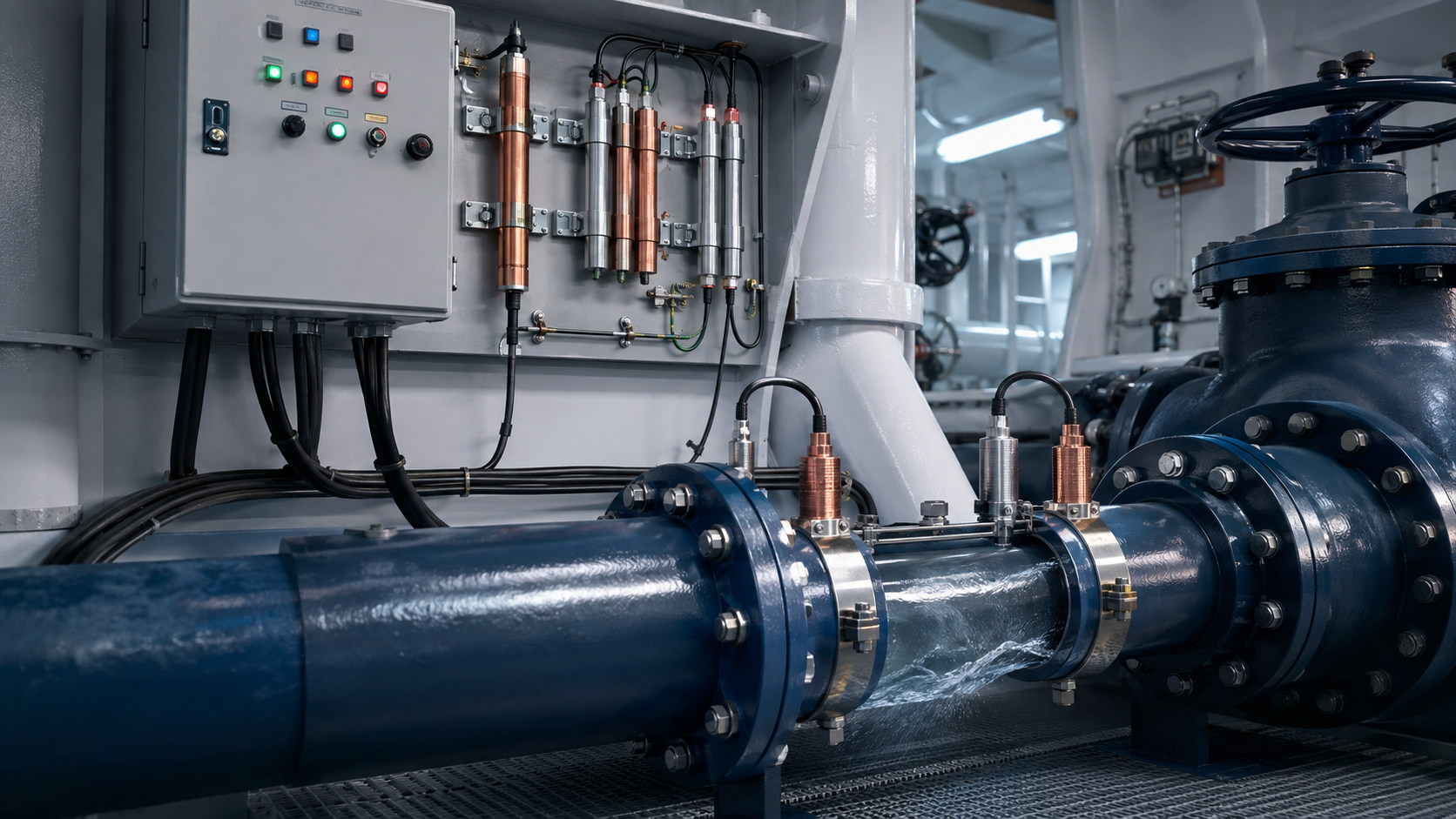MGPS control panel with copper and aluminium anodes on a seawater intake pipeline