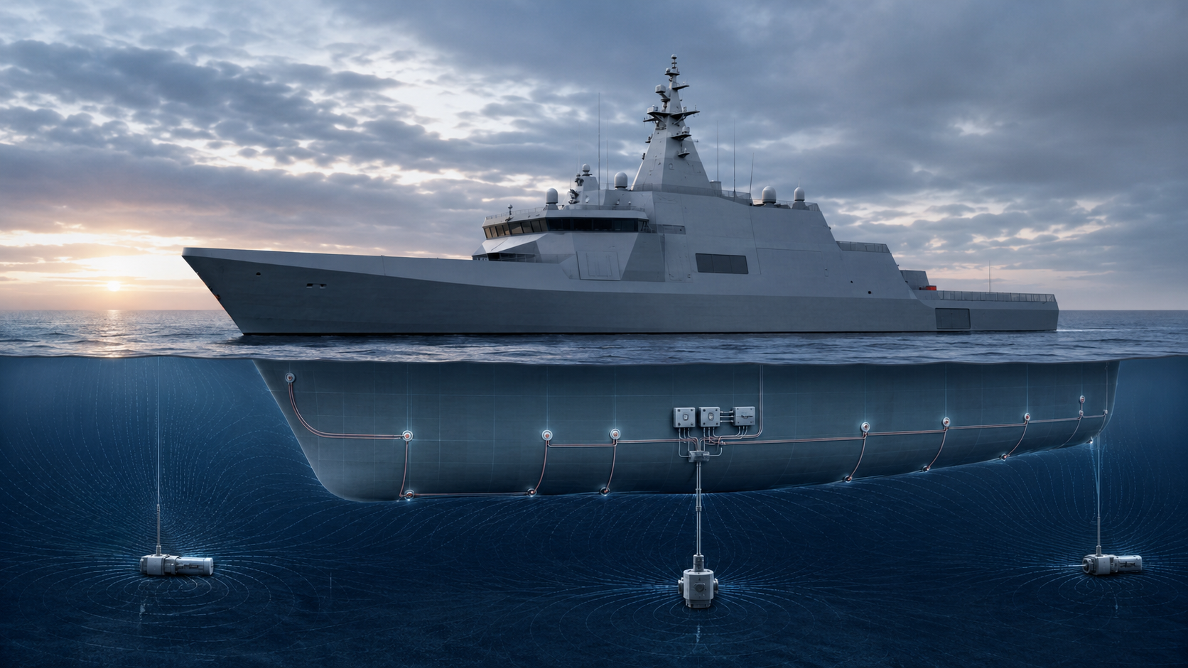 Naval vessel with hull-mounted cathodic protection anodes shown below the waterline